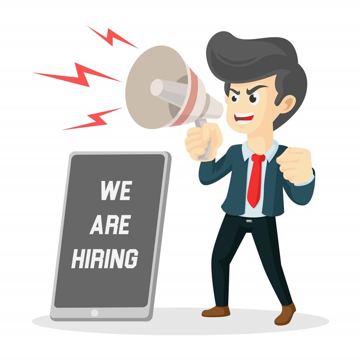 Vector businessman holding megaphone - we are hiring on hand phone vector illustration