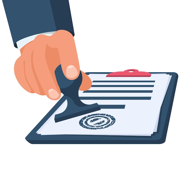 Vector businessman holds stamping in hand vector paper work in the office document for signature