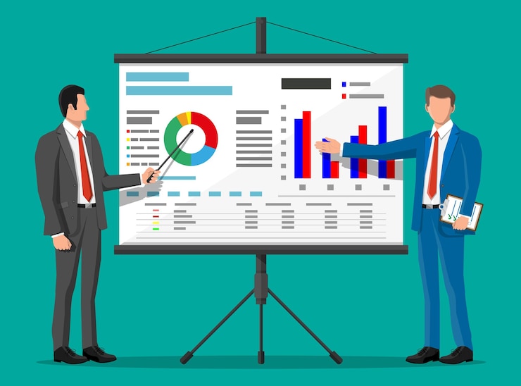 Vector businessman in suit giving presentation with projector screen tv screen with financial report and lecturer training staff meeting report business school vector illustration in flat style