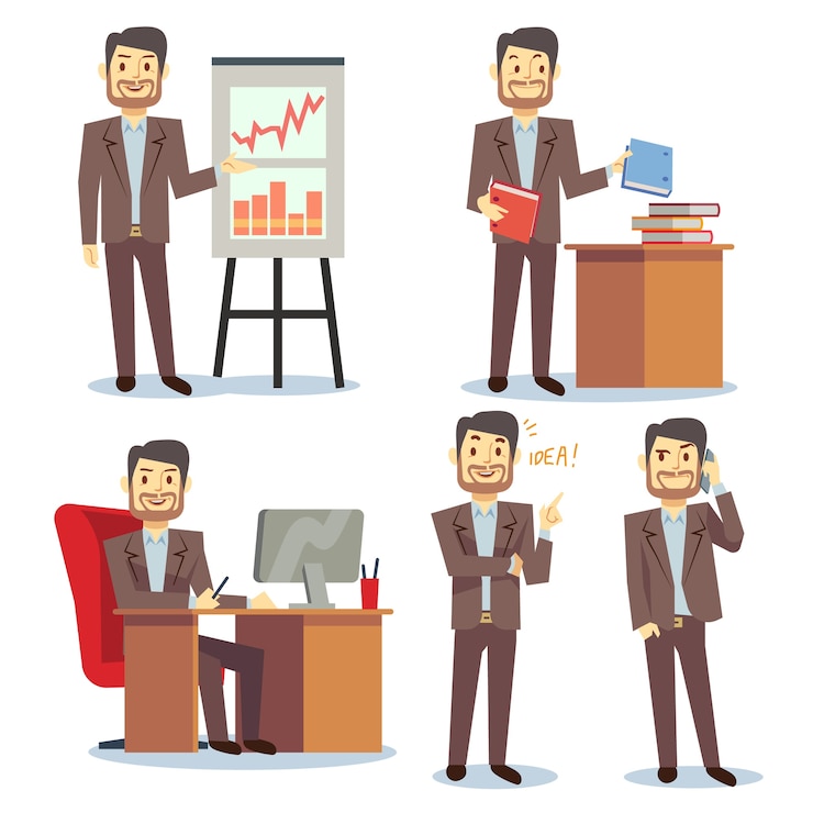 Vector businessman in various situations in office vector business peoples cartoon flat set. consultant sho