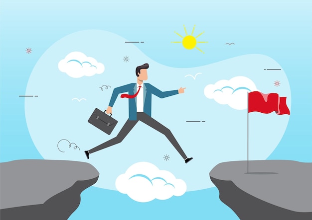 businessman jump through the gap in the rocks to get red flag