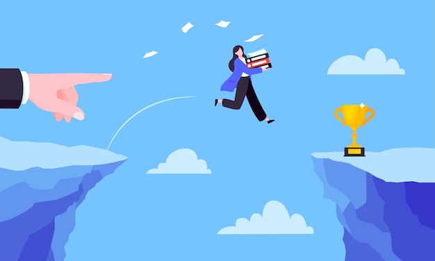 businessman jumps over the abyss across the cliff flat style design vector illustration
