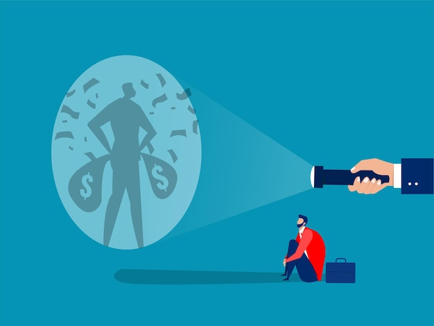 Businessman looking guideline at targets for shooting  his shadow rich under money rain success