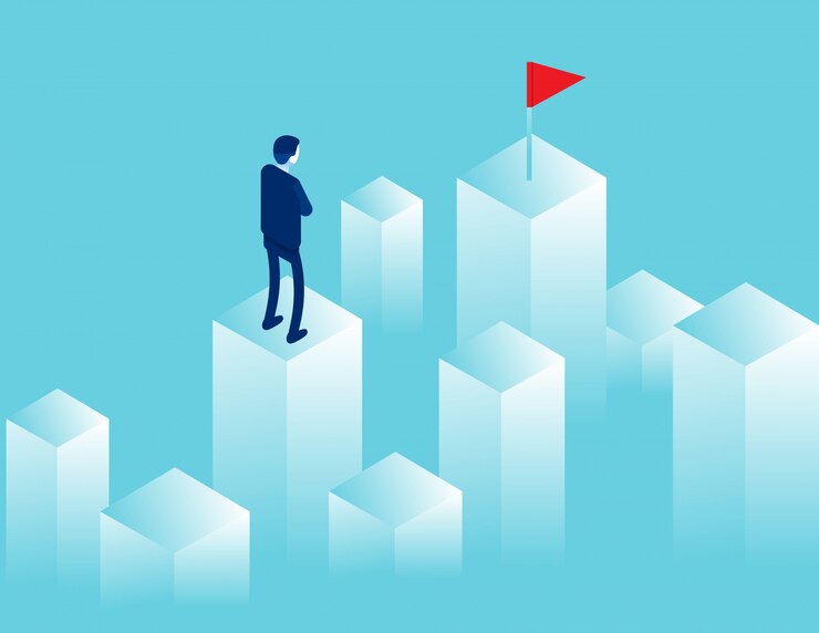Vector businessman looking into the distance where there is a red flag. goal of way