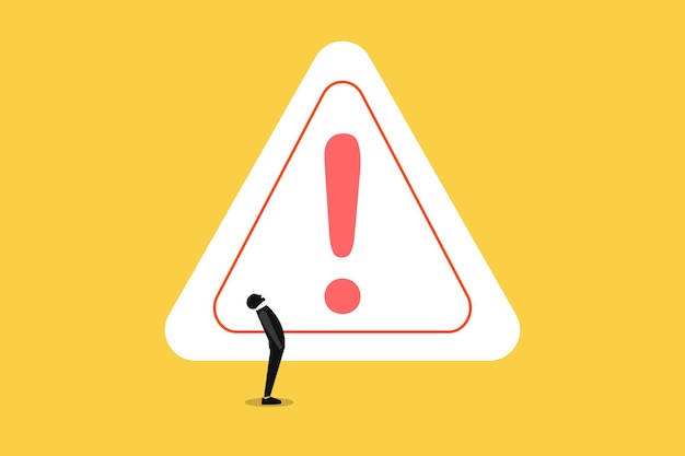 businessman looking up thinking with big incident with exclamation attention sign concept of solving problem identify risk or critical failure