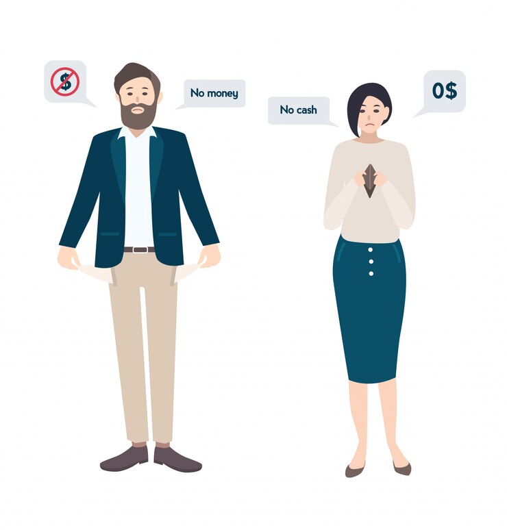 Vector businessman man and woman has no money, bankrupt. empty pockets concept. characters in flat style.