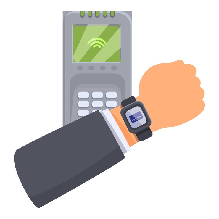 Vector businessman paying using a smartwatch at a pos terminal