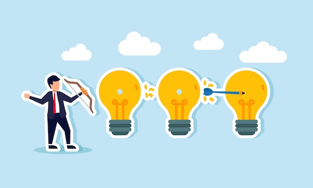 Businessman shooting arrows at a row of lights illustration of targeting ideas and innovations relevant to business