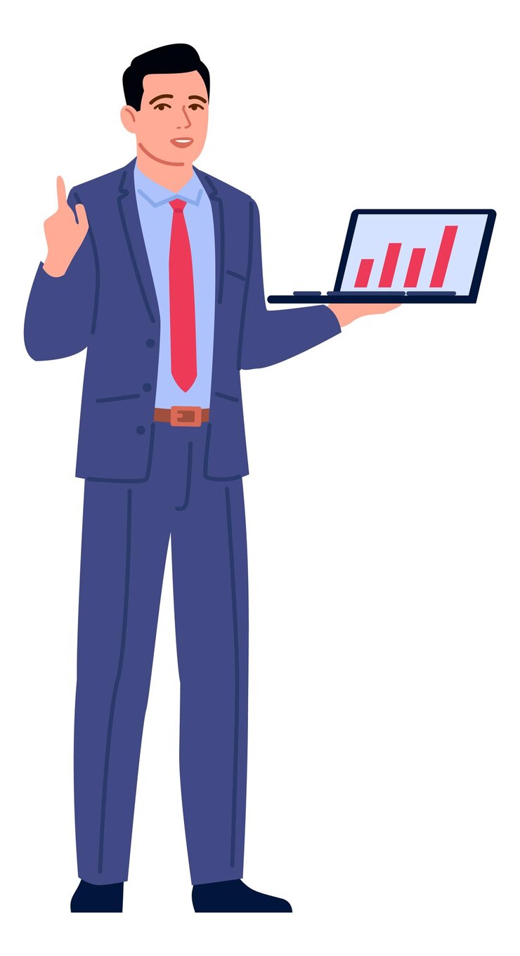 Vector businessman showing chart on laptop screen statistics report concept isolated on white background