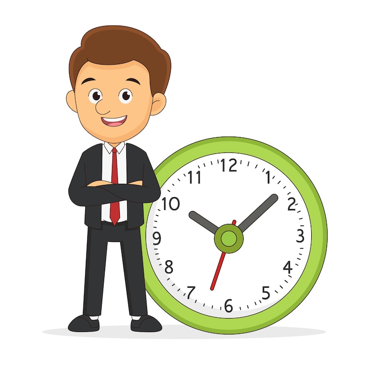 Vector businessman stand leaning to big clock of time management