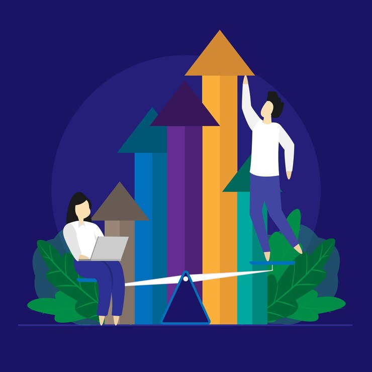 Vector businessman standing on human hand and pushing the business chart arrows upward business team