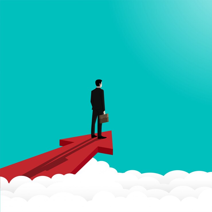 Vector businessman standing on the red arrow