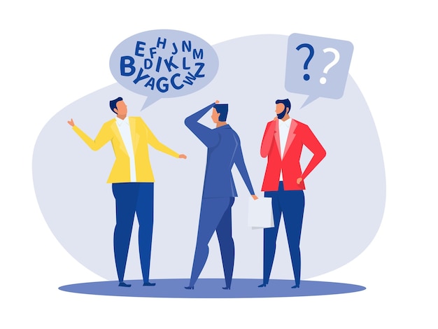 businessman talk with jargon word in speech bubble dialog make other confused