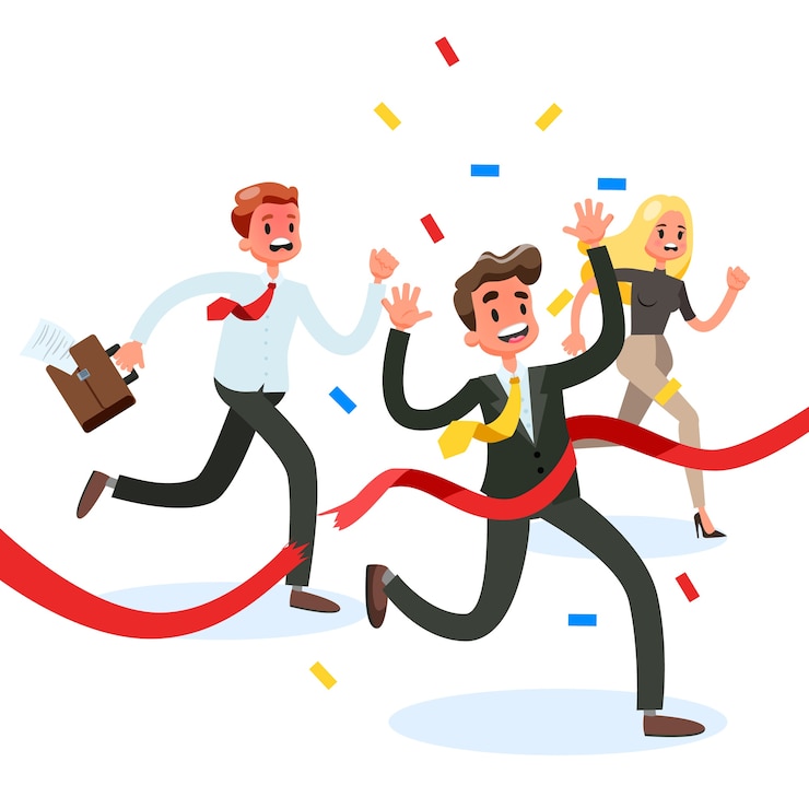 Vector businessman winner crossing red finish line first