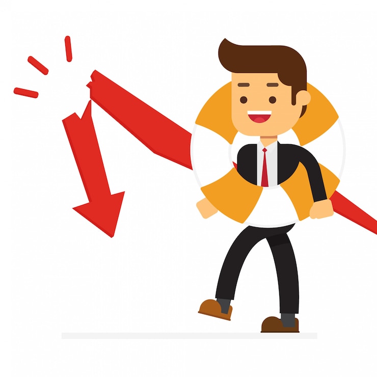 Vector businessman with a lifebuoy stands and look at graph of profit