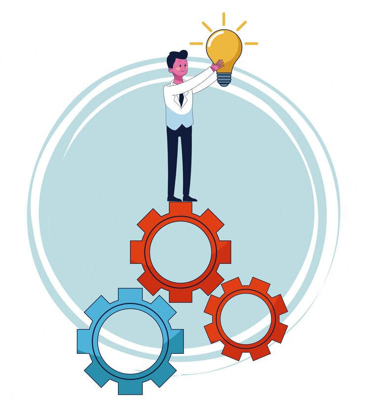Vector businessman with big idea on gears 