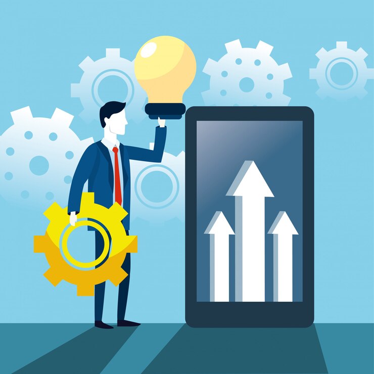Vector businessman with bulb idea and smartphone with arrows