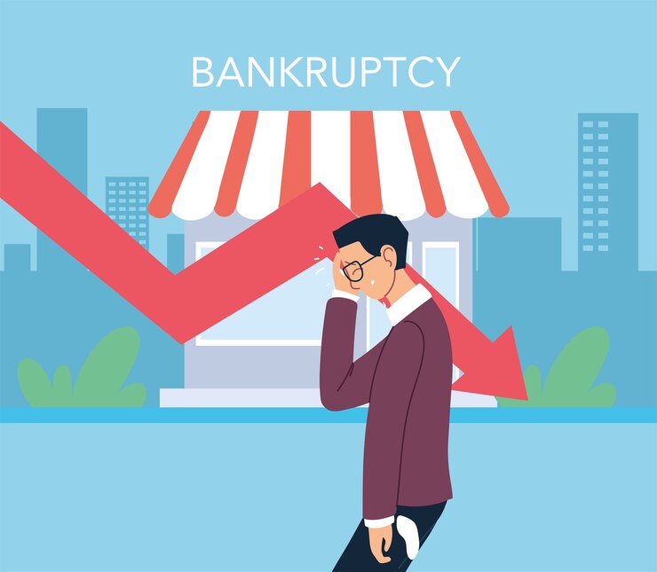 Vector businessman with headache and decrease arrow in front of store