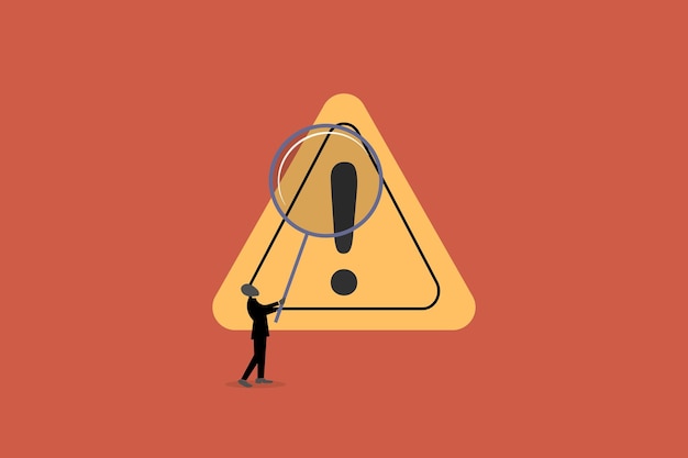 Businessman with magnifying investigate incident with exclamation attention sign concept of Incident solving problem and identify risk