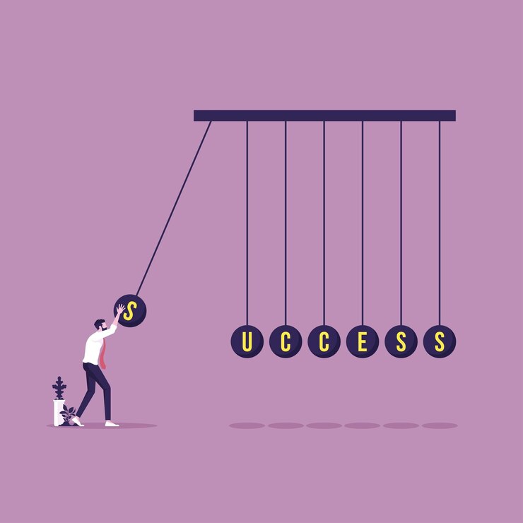 Vector businessman with success word on balancing balls newtons cradle success and business concept