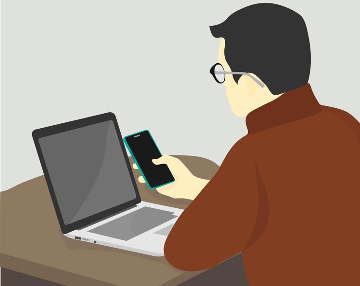 Vector businessman working with laptop holding a phone
