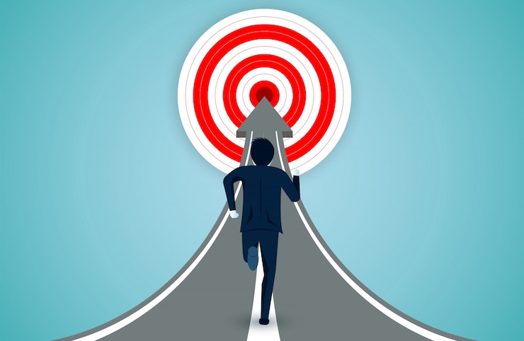 Vector businessmen are running on the arrow to the red circle target