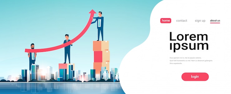 Vector businessmen group raising financial arrow up
