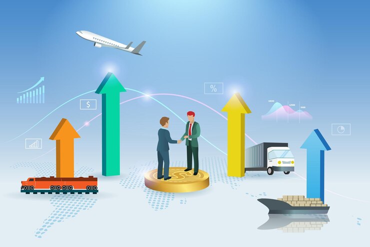 Vector businessmen handshake on growth graph of global logistics transportation on supply chain network