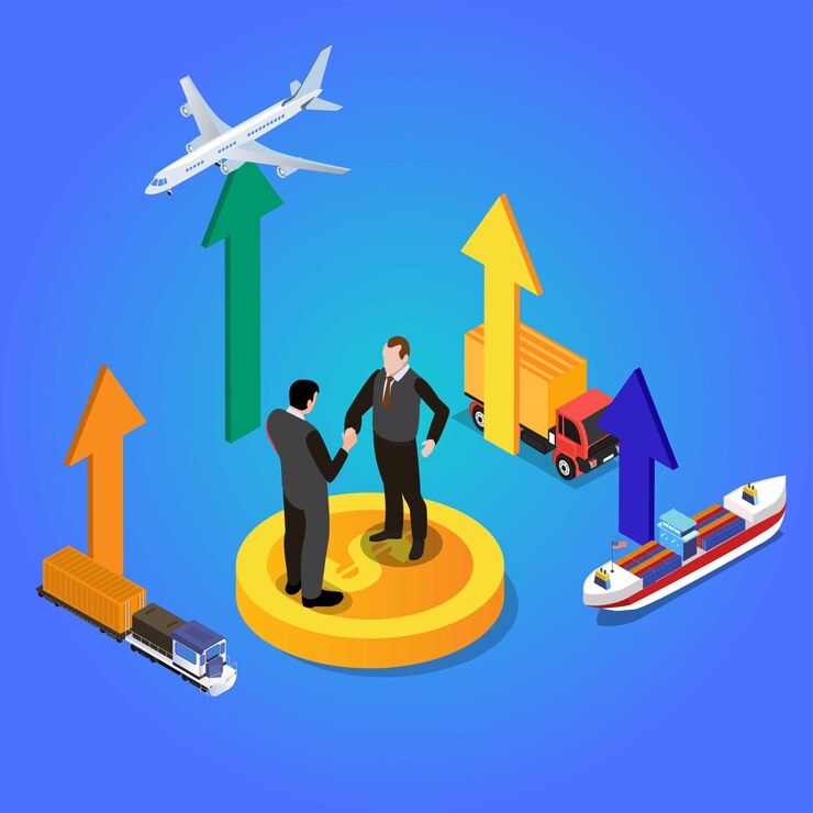 Vector businessmen handshaking on export import deal isometric 3d