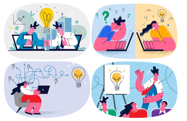 Businesspeople collaborate brainstorm in team generate innovative business idea at briefing. Business colleagues work together at startup launch or project start. Flat vector illustration. Set.
