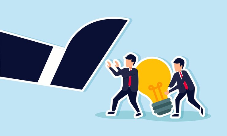Vector businesspeople try to save and protect a lamp from a giant footstep illustration of idealism in safeguarding business ideas and innovations amid big company threats