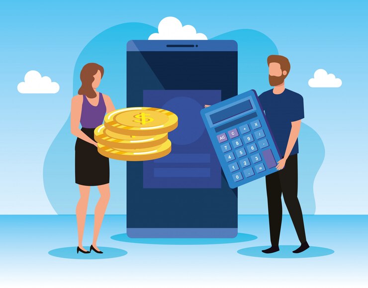 Vector businesswoman and businessman with smartphone and calculator with coins