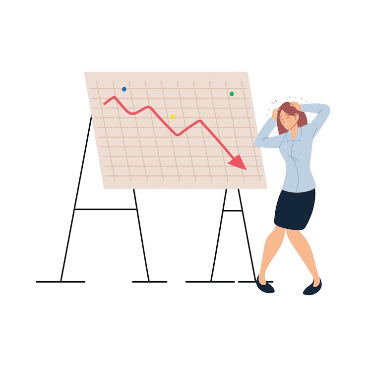 Vector businesswoman cartoon with headache and decrease arrow vector