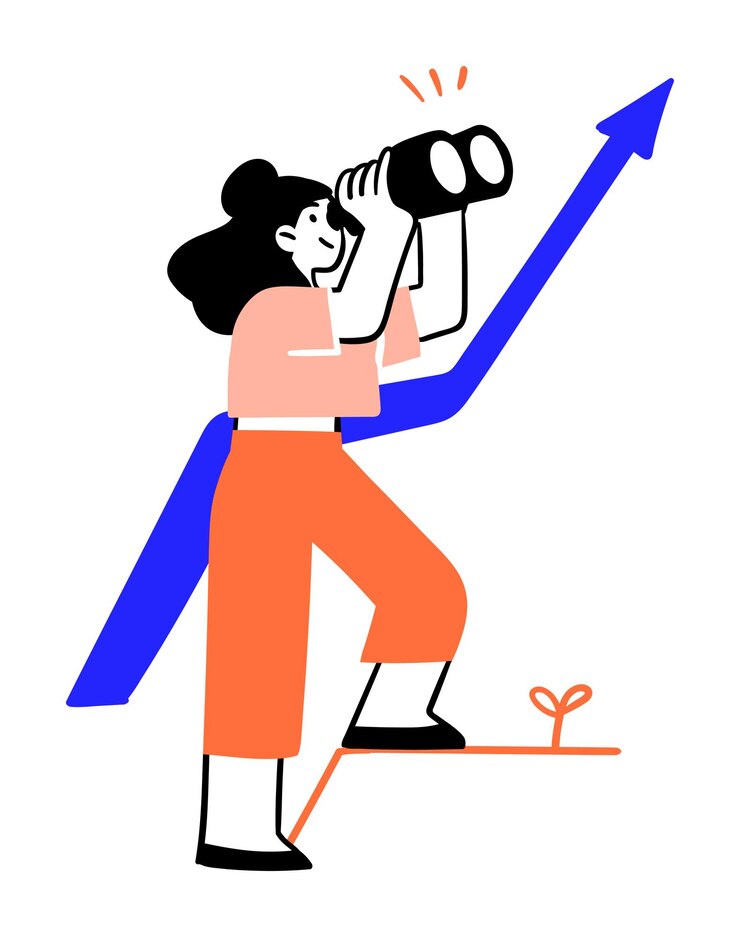 Vector businesswoman looking towards success with binoculars