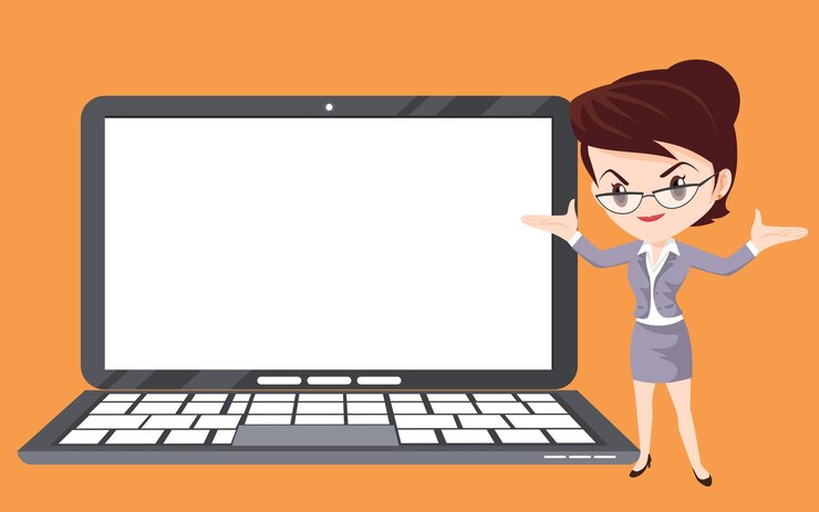 Vector businesswoman shows report presentation on laptop 03