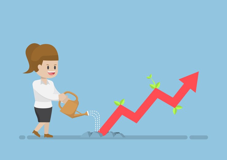 Vector businesswoman watering business graph that growth through the ground