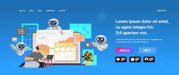 businesswoman with robots monitoring financial statistics data on laptop screen business woman with robotics assistants analyzing graphs and charts