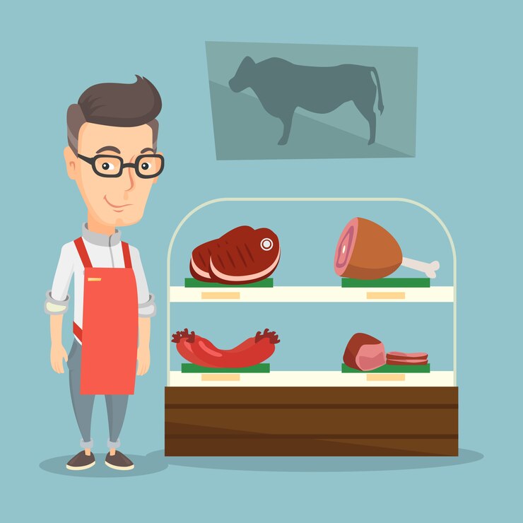 Vector butcher offering fresh meat in a butchershop.
