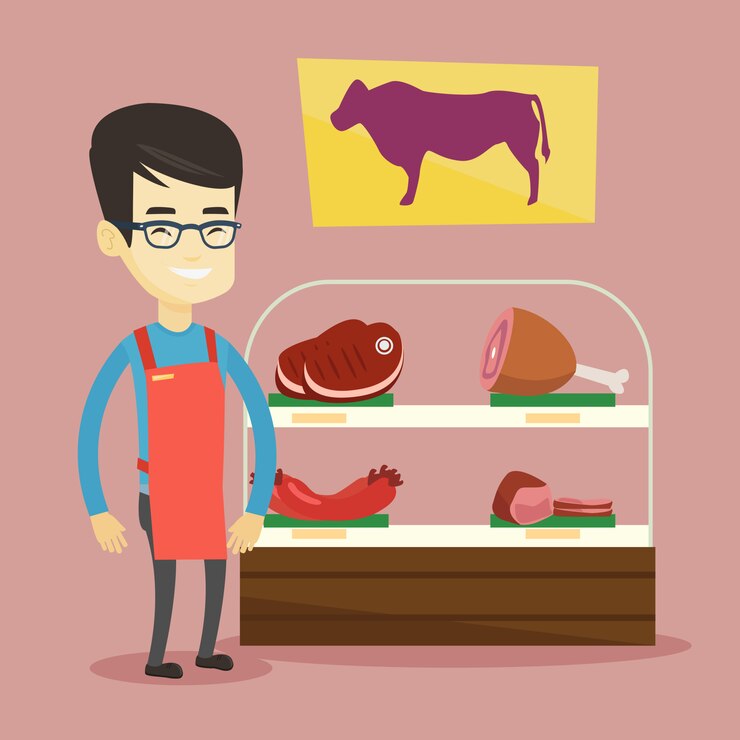 Vector butcher offering fresh meat in butchershop.