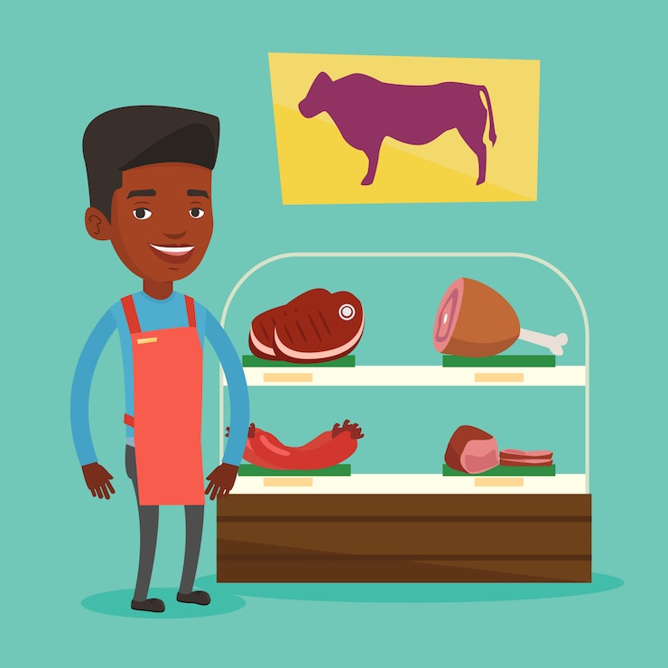 Vector butcher offering fresh meat in butchershop.