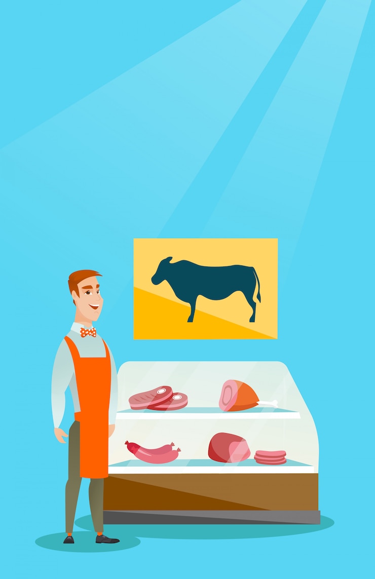 Vector butcher offering fresh meat in the butcher shop.