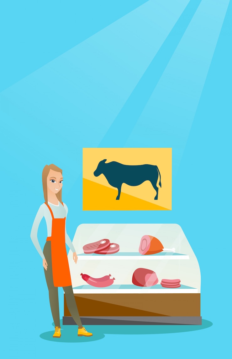 Vector butcher offering fresh meat in the butcher shop.