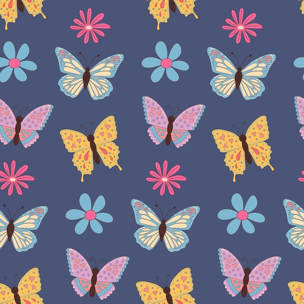 Butterflies and flowers seamless pattern on dark blue background