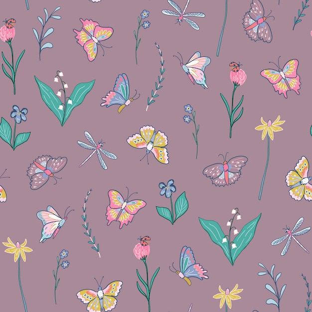 Butterflies and flowers vector seamless pattern