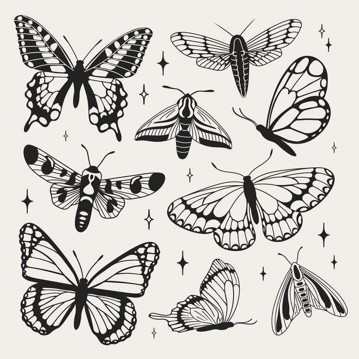 Butterflies and moths Y2k aesthetic hand drawn Vector graphics in trendy retro 2000s style