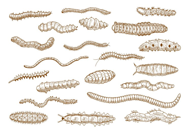 Vector butterfly and moth caterpillars, larvae of bugs, worms, slugs and variety of centipedes vintage sketch drawing icons. nature, biology, education theme design