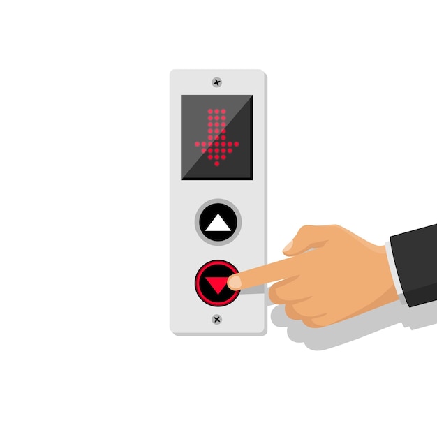 Button call lift down Businessman presses elevator buttonDown arrow Finger on the button