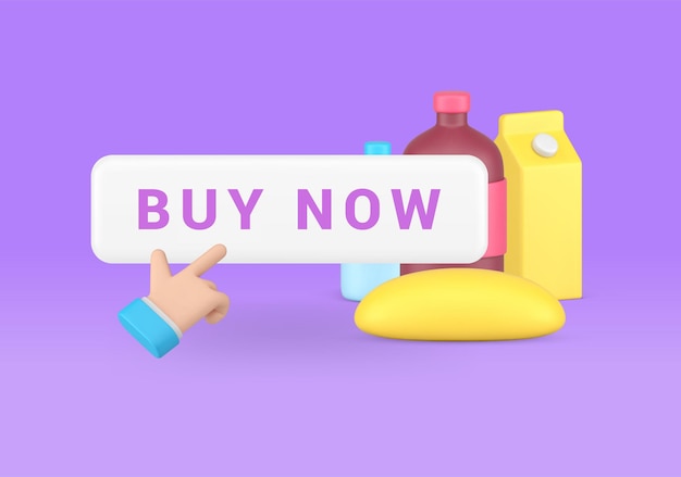 buy now grocery online shopping button with business man hand click cursor 3d icon realistic vector