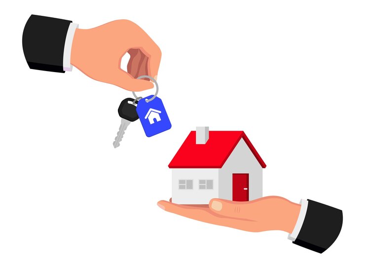 Buying a house Sale and purchase house Loan for property Sale and rent of apartment Trading Agreement Hand giving house keys to customer Hand gives money Mortgage credit or property concept