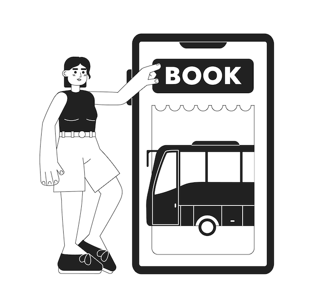 Buying bus ticket online over phone monochrome concept vector spot illustration